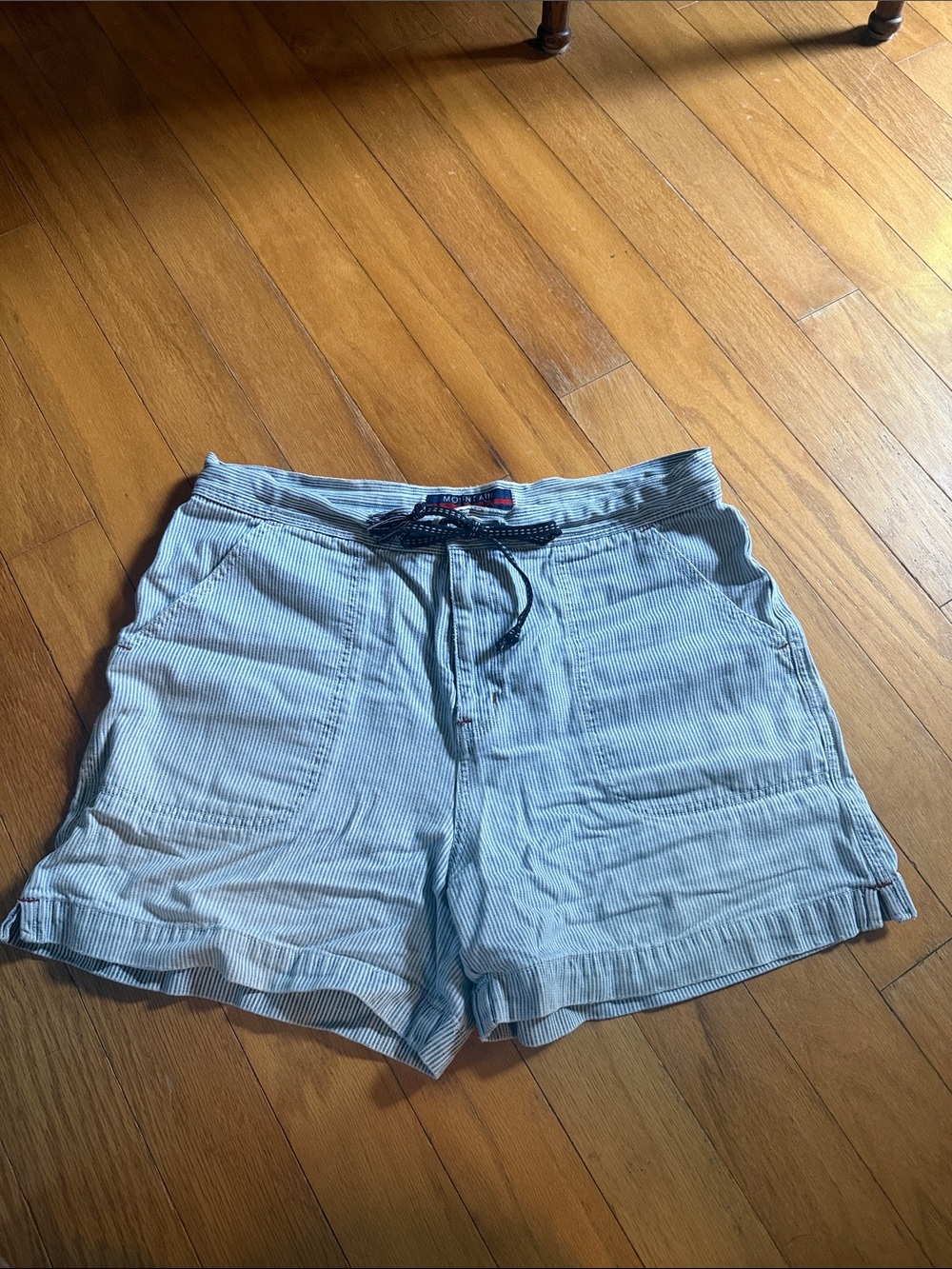 Light Blue Striped Women’s Drawstring Shorts with button and zipper